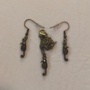 Handmade/Homemade Antique Brass Seahorse Necklace Earring Set White Rhinestone